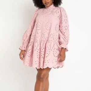 Eloquii Eyelet easy dress mauve dusty long sleeve flounce hem pink plus size 22